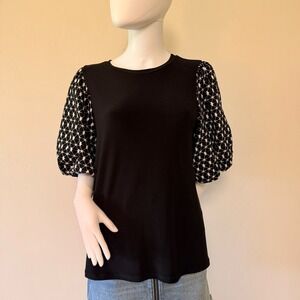 NWT Scapa Lauren Perre Women's Black Puff Sleeve Geometric Print Top‎  Size L